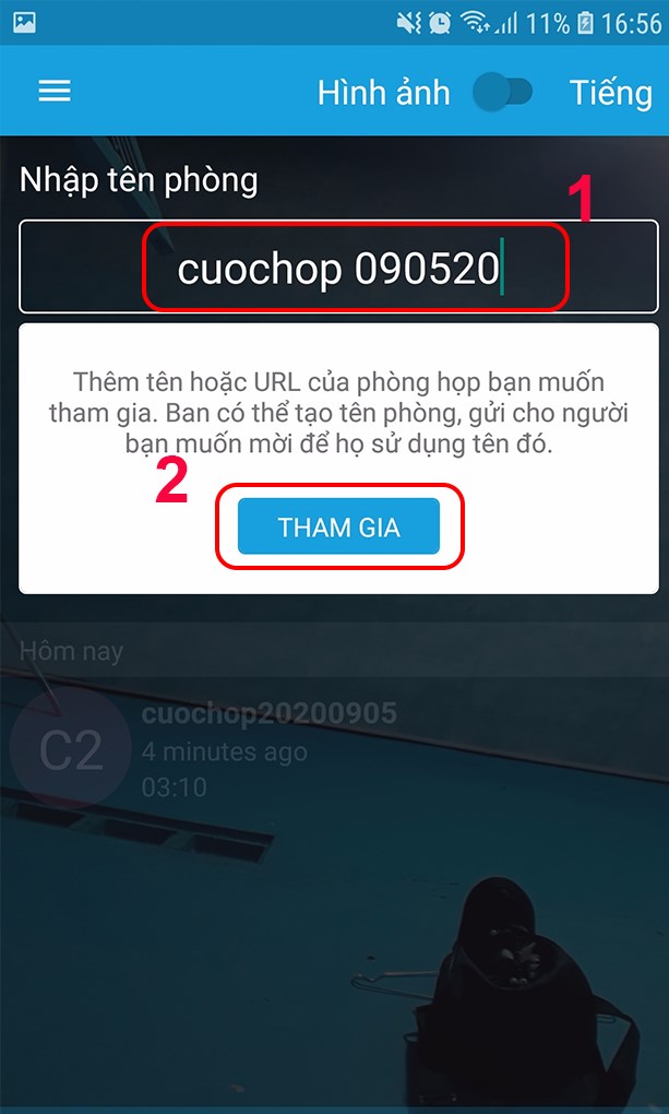 Gõ tên phòng họp bạn muốn tạo mới hoặc tham gia và bấm Tham gia